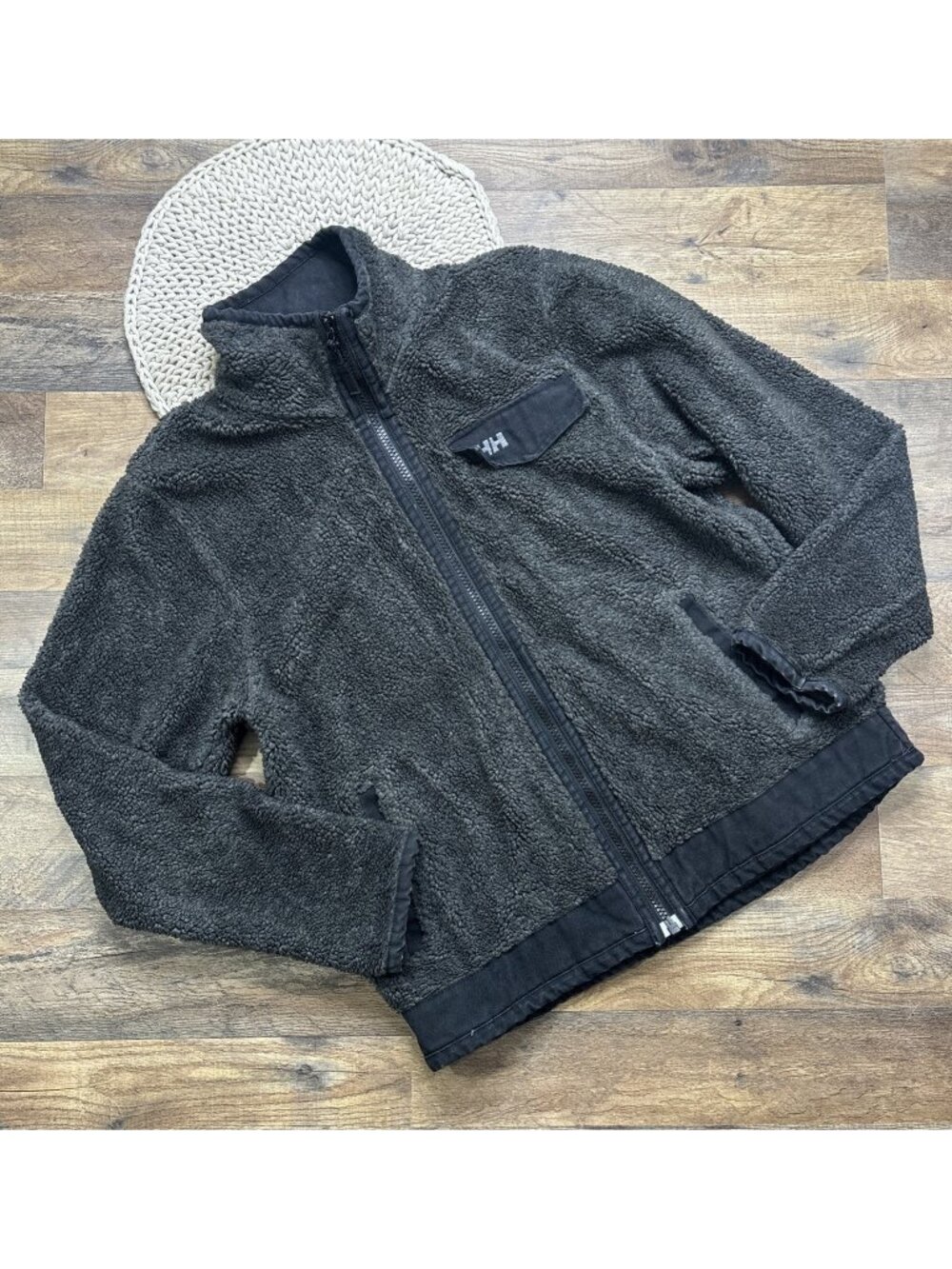 Helly Hansen Charcoal Gray Sherpa Jacket Full Zip Mens Large Canvas Trim